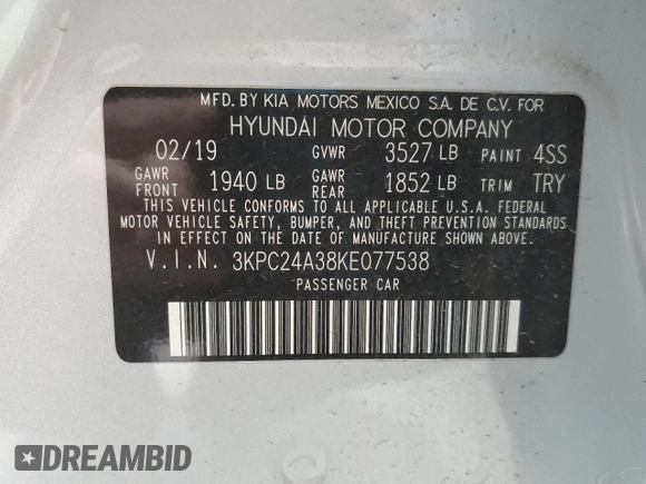 2019 Hyundai Accent SE with VIN 3KPC24A38KE077538, listed as a Copart auction lot 46093475 with 67,699 mi miles and Salvage Title. Bid and sale history available at carsss.com. Image 14.