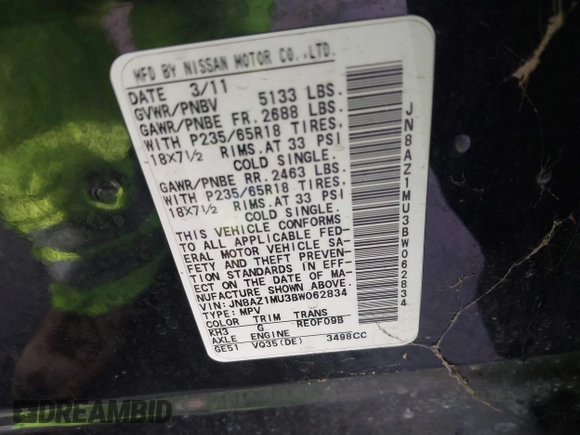 2011 Nissan Murano LE with VIN JN8AZ1MU3BW062834, listed as a IAAI auction lot 42127477 with 187,584 mi miles and . Bid and sale history available at carsss.com. Image 9.