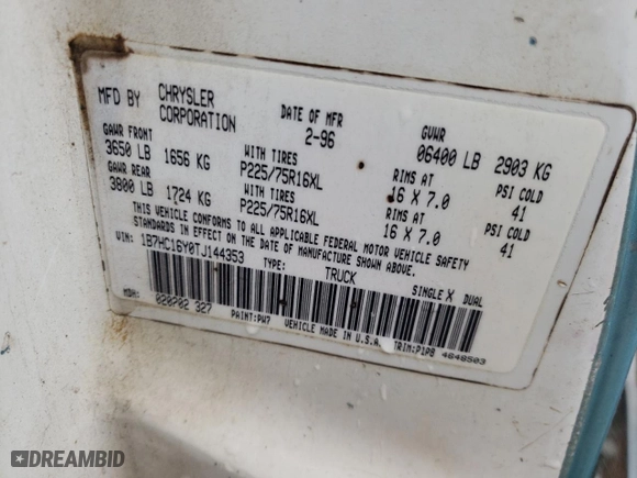 1996 Dodge Ram 1500 with VIN 1B7HC16Y0TJ144353, listed as a Copart auction lot 89258035 with 226,160 mi miles and Salvage Title. Bid and sale history available at carsss.com. Image 15.