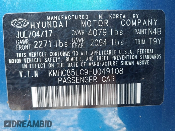 2017 Hyundai Ioniq Limited with VIN KMHC85LC9HU049108, listed as a IAAI auction lot 42120890 with 62,155 mi miles and . Bid and sale history available at DreamBid. Image 9.