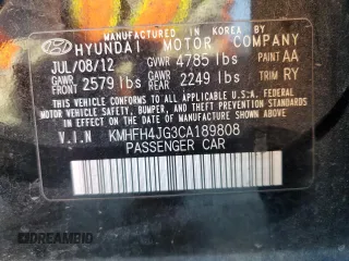 2012 Hyundai Azera with VIN KMHFH4JG3CA189808, listed as a Copart auction lot 47324765 with 104,518 mi miles and Clean Title. Bid and sale history available at DreamBid. Image 12.