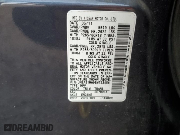2011 Infiniti FX35 with VIN JN8AS1MW9BM733456, listed as a Copart auction lot 79084084 with 0 mi miles and Salvage Title. Bid and sale history available at carsss.com. Image 13.