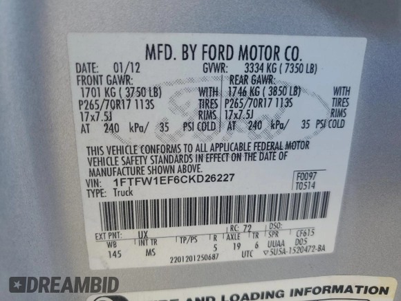2012 Ford F-150 XL with VIN 1FTFW1EF6CKD26227, listed as a Copart auction lot 48853885 with 141,957 mi miles and Salvage Title. Bid and sale history available at carsss.com. Image 15.