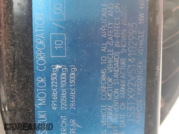 2001 Suzuki XL7 Standard z VIN JS3TX92V514102993, wystawiony jako Copart lot #76669614 z przebiegiem 65 789 mil mil oraz Szkoda całkowita • Salvage title. Historia ofert i sprzedaży dostępna na DreamBid. Obrazek 13.
