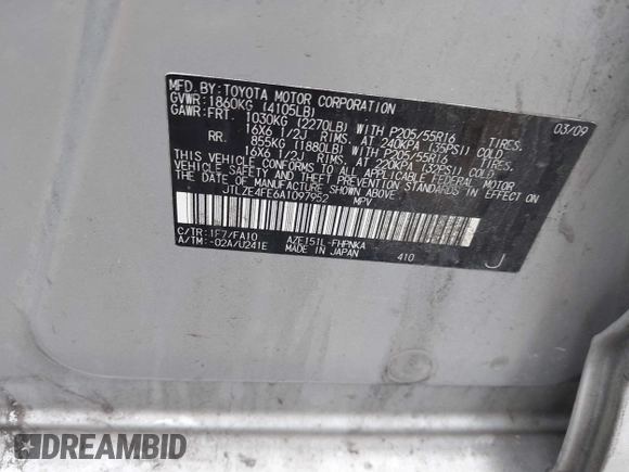 2010 Scion xB with VIN JTLZE4FE6A1097952, listed as a IAAI auction lot 41916122 with Not Provided miles and . Bid and sale history available at DreamBid. Image 9.