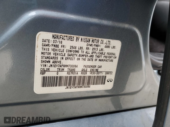 2017 Infiniti Q50 Signature Edition with VIN JN1EV7APXHM730064, listed as a Copart auction lot 58155405 with 93,425 mi miles and Salvage title. Bid and sale history available at DreamBid. Image 12.