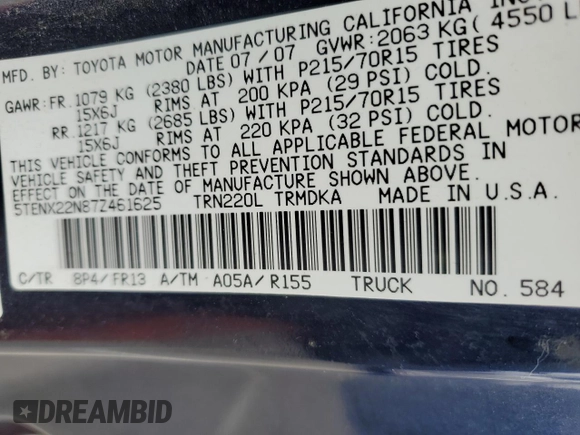 2007 Toyota Tacoma with VIN 5TENX22N87Z461625, listed as a Copart auction lot 52764765 with 170,918 mi miles and Salvage title. Bid and sale history available at DreamBid. Image 12.