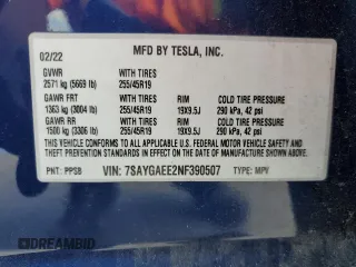 2022 Tesla Model Y Long Range with VIN 7SAYGAEE2NF390507, listed as a Copart auction lot 50986965 with 48,027 mi miles and Non Repairable. Bid and sale history available at DreamBid. Image 14.