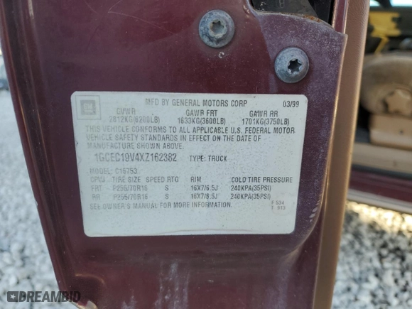 1999 Chevrolet Silverado 1500 LS with VIN 1GCEC19V4XZ162382, listed as a Copart auction lot 42801815 with 145,327 mi miles and Salvage Title. Bid and sale history available at carsss.com. Image 14.