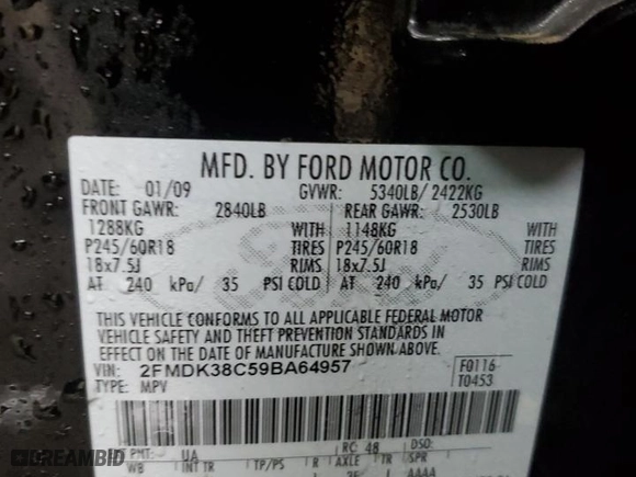 2009 Ford Edge SEL with VIN 2FMDK38C59BA64957, listed as a Copart auction lot 44806385 with 191,169 mi miles and Clean Title. Bid and sale history available at carsss.com. Image 13.