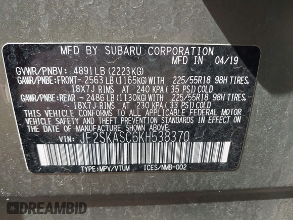 2019 Subaru Forester Limited with VIN JF2SKASC6KH538370, listed as a IAAI auction lot 42442049 with 70,350 mi miles and . Bid and sale history available at DreamBid. Image 9.