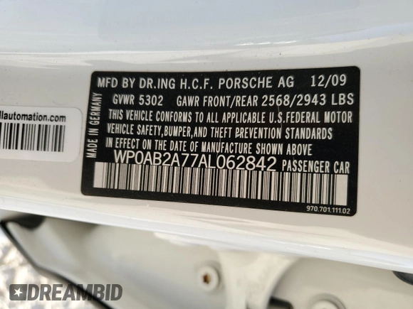 2010 Porsche Panamera S z VIN WP0AB2A77AL062842, wystawiony jako Copart lot #52583415 z przebiegiem 47 094 mil mil oraz Szkoda całkowita • Salvage title. Historia ofert i sprzedaży dostępna na DreamBid. Obrazek 12.