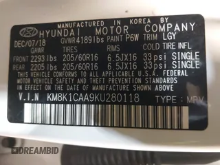 2019 Hyundai Kona SE with VIN KM8K1CAA9KU280118, listed as a IAAI auction lot 41937825 with 73,437 mi miles and . Bid and sale history available at carsss.com. Image 9.