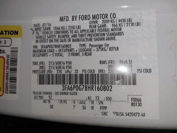 2017 Ford Fusion S with VIN 3FA6P0G78HR160802, listed as a IAAI auction lot 41679436 with 78,143 mi miles. Bid and sale history available at carsss.com. Image 9.