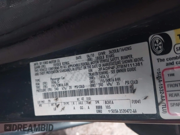 2011 Ford Fiesta SES with VIN 3FADP4FJ7BM111381, listed as a IAAI auction lot 41226251 with 93,694 mi miles. Bid and sale history available at carsss.com. Image 9.