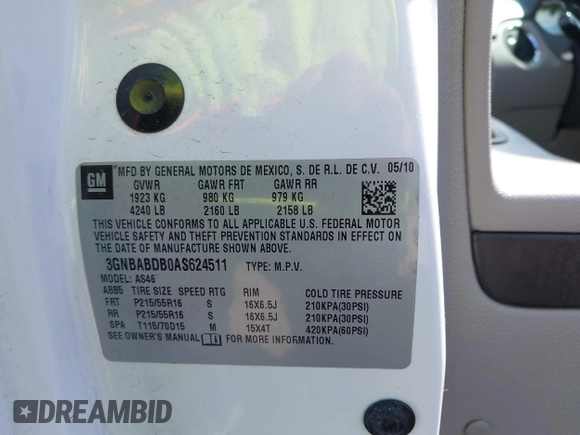 2010 Chevrolet HHR 1LT с VIN 3GNBABDB0AS624511, выставлен на аукционе IAAI как лот 42243356 с пробегом 166 626 миль миль и . История ставок и продаж доступна на DreamBid. Изображение 9.