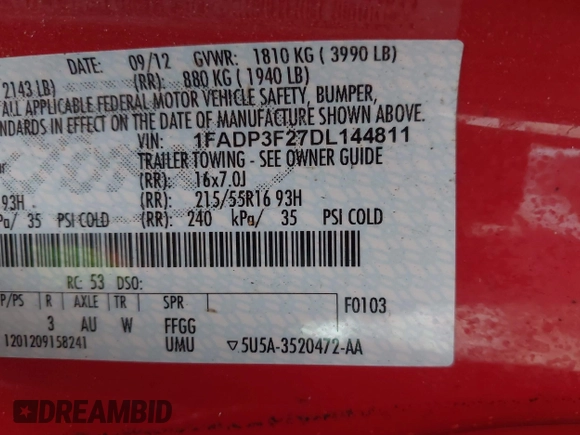 2013 Ford Focus SE with VIN 1FADP3F27DL144811, listed as a IAAI auction lot 42431212 with Not provided miles and . Bid and sale history available at DreamBid. Image 9.