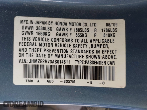 2010 Honda Insight EX with VIN JHMZE2H73AS014811, listed as a IAAI auction lot 42517559 with 173,579 mi miles and . Bid and sale history available at DreamBid. Image 9.