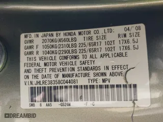 2008 Honda CR-V LX with VIN JHLRE38358C044081, listed as a IAAI auction lot 41821226 with 183,426 mi miles. Bid and sale history available at carsss.com. Image 9.