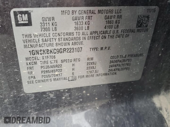 2016 Chevrolet Tahoe LT z VIN 1GNSKBKC9GR223107, wystawiony jako Copart lot #50146495 z przebiegiem 163 948 mil mil oraz Szkoda całkowita • Salvage title. Historia ofert i sprzedaży dostępna na DreamBid. Obrazek 13.