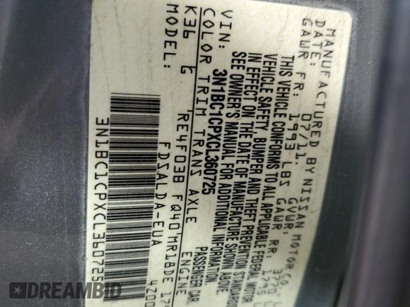 2012 Nissan Versa S with VIN 3N1BC1CPXCL360725, listed as a Copart auction lot 49407865 with 134,875 mi miles and Salvage Title. Bid and sale history available at carsss.com. Image 12.
