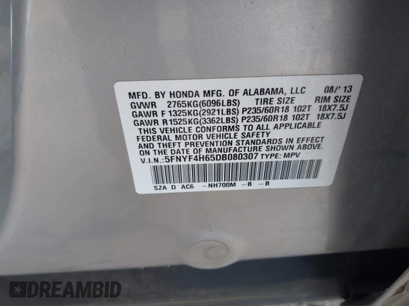 2013 Honda Pilot EX-L with VIN 5FNYF4H65DB080307, listed as a IAAI auction lot 41987016 with Not provided miles and . Bid and sale history available at DreamBid. Image 9.