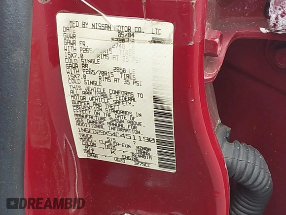 2004 Nissan Frontier XE z VIN 1N6ED29X54C451190, wystawiony jako IAAI lot #42205591 z przebiegiem 136 962 mil mil oraz . Historia ofert i sprzedaży dostępna na DreamBid. Obrazek 9.