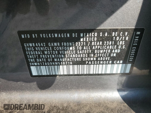 2017 Volkswagen Golf S z VIN 3VWH17AU9HM510718, wystawiony jako Copart lot #52856535 z przebiegiem 61 095 mil mil oraz Szkoda całkowita • Salvage title. Historia ofert i sprzedaży dostępna na DreamBid. Obrazek 13.