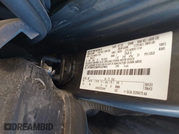 2023 Ford F-150 XL with VIN 1FTEW1C58PFC27803, listed as a IAAI auction lot 41511660 with Not provided miles and . Bid and sale history available at DreamBid. Image 9.