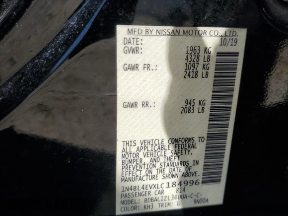 2020 Nissan Altima 2.5 SL with VIN 1N4BL4EVXLC184996, listed as a Copart auction lot 48530835 with 122,128 mi miles and Salvage Title. Bid and sale history available at carsss.com. Image 13.