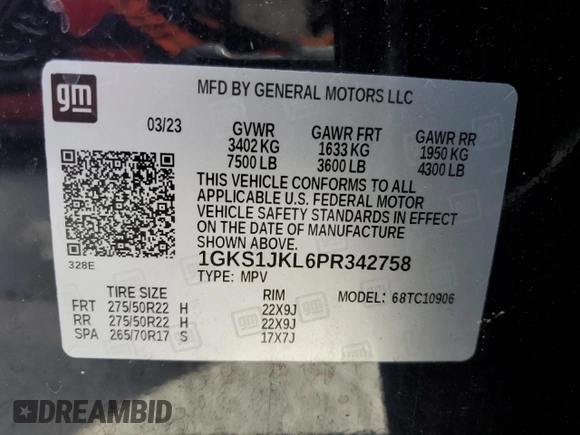 2023 GMC Yukon XL Denali with VIN 1GKS1JKL6PR342758, listed as a Copart auction lot 87909695 with 48,188 mi miles and Clean Title. Bid and sale history available at carsss.com. Image 13.