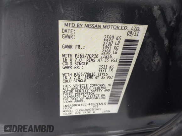 2012 Nissan Frontier SV z VIN 1N6AD0ER4CC402085, wystawiony jako IAAI lot #41975832 z przebiegiem 263 152 mil mil oraz . Historia ofert i sprzedaży dostępna na DreamBid. Obrazek 9.