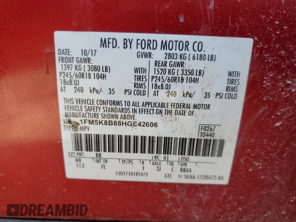 2017 Ford Explorer с VIN 1FM5K8B88HGE42606, выставлен на аукционе Copart как лот 49484925 с пробегом 156 105 миль миль и Списание • Salvage title. История ставок и продаж доступна на DreamBid. Изображение 13.