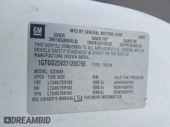 2007 GMC Savana Cargo with VIN 1GTGG25V371206766, listed as a IAAI auction lot 41955906 with 125,569 mi miles. Bid and sale history available at carsss.com. Image 9.