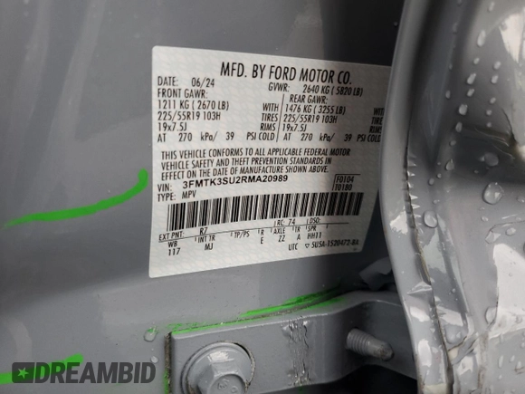 2024 Ford Mustang Mach-E Premium with VIN 3FMTK3SU2RMA20989, listed as a Copart auction lot 46370085 with 54 mi miles and Salvage Title. Bid and sale history available at DreamBid. Image 12.