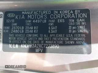 2012 Kia Sportage LX with VIN KNDPB3A2XC7273890, listed as a IAAI auction lot 39784243 with 146,067 mi miles. Bid and sale history available at carsss.com. Image 9.