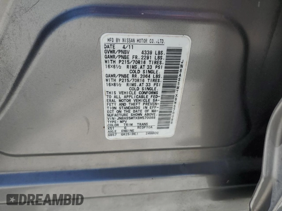 2011 Nissan Rogue SV with VIN JN8AS5MTXBW570088, listed as a Copart auction lot 52711845 with 212,688 mi miles and Salvage Title. Bid and sale history available at carsss.com. Image 13.