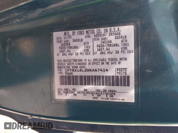 1998 Ford F-150 with VIN 1FTRX18L2WKA67414, listed as a IAAI auction lot 42583873 with 189,546 mi miles and . Bid and sale history available at DreamBid. Image 9.