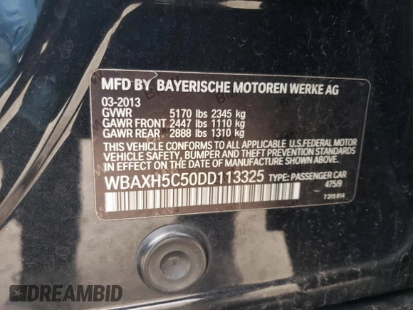 2013 BMW 5 Series 528i xDrive with VIN WBAXH5C50DD113325, listed as a Copart auction lot 49033955 with 119,446 mi miles and Salvage Title. Bid and sale history available at carsss.com. Image 13.