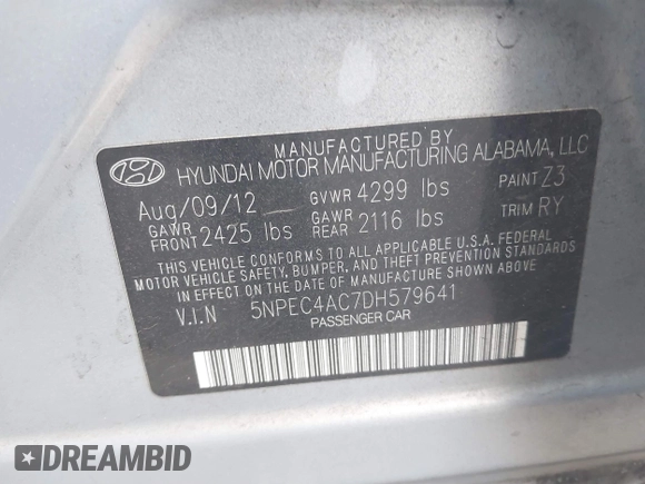 2013 Hyundai Sonata Limited with VIN 5NPEC4AC7DH579641, listed as a IAAI auction lot 40852052 with 208,950 mi miles and . Bid and sale history available at carsss.com. Image 9.