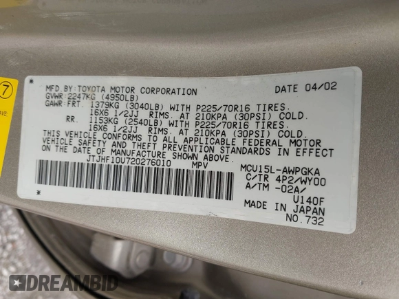 2002 Lexus RX 300 with VIN JTJHF10U720276010, listed as a IAAI auction lot 41917460 with 240,373 mi miles. Bid and sale history available at carsss.com. Image 9.