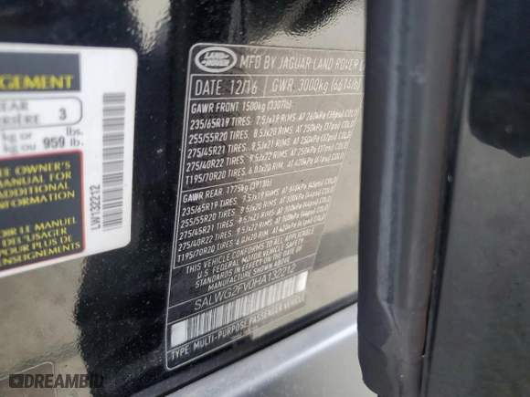 2017 Land Rover Range Rover Sport SE with VIN SALWG2FV0HA132212, listed as a Copart auction lot 48435275 with 42,679 mi miles and Salvage Title. Bid and sale history available at carsss.com. Image 13.
