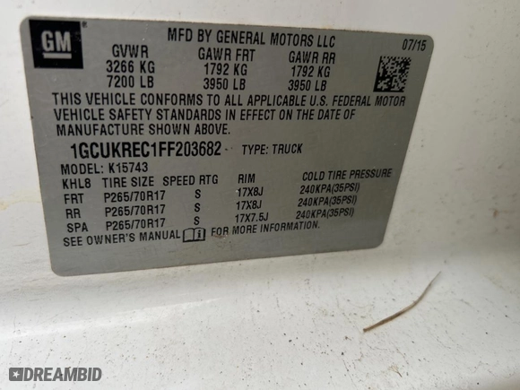 2015 Chevrolet Silverado 1500 LT with VIN 1GCUKREC1FF203682, listed as a Copart auction lot 47497915 with 133,951 mi miles and Clean Title. Bid and sale history available at carsss.com. Image 10.