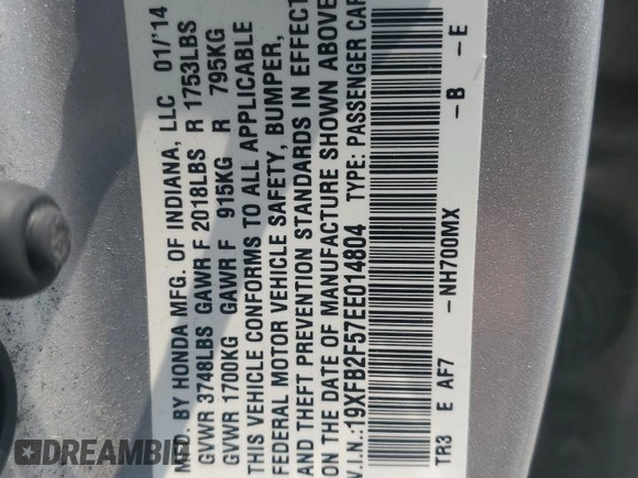 2014 Honda Civic LX z VIN 19XFB2F57EE014804, wystawiony jako Copart lot #59690565 z przebiegiem 208 650 mil mil oraz Szkoda całkowita • Salvage title. Historia ofert i sprzedaży dostępna na DreamBid. Obrazek 12.