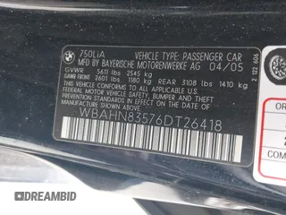 2006 BMW 7 Series 750Li with VIN WBAHN83576DT26418, listed as a IAAI auction lot 41555297 with 124,801 mi miles. Bid and sale history available at carsss.com. Image 9.