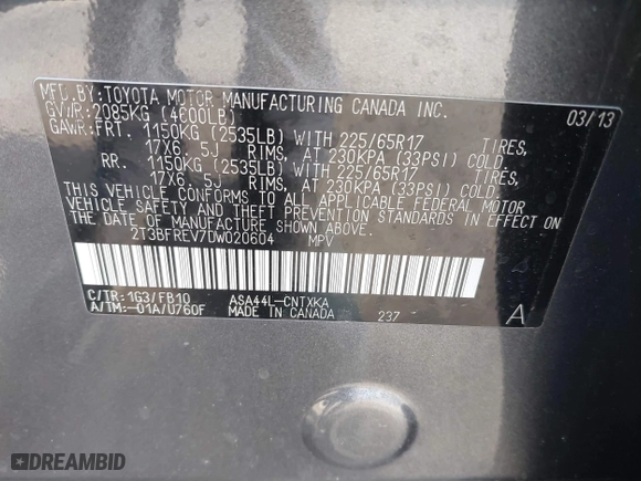 2013 Toyota RAV4 LE with VIN 2T3BFREV7DW020604, listed as a IAAI auction lot 41679035 with 142,533 mi miles. Bid and sale history available at carsss.com. Image 9.