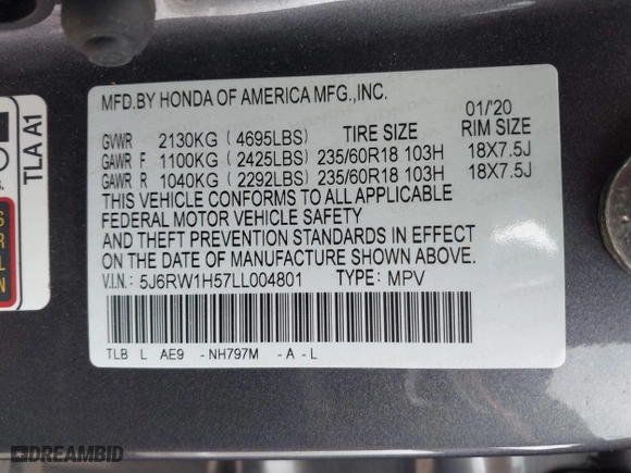2020 Honda CR-V EX with VIN 5J6RW1H57LL004801, listed as a IAAI auction lot 41238043 with 70,997 mi miles. Bid and sale history available at carsss.com. Image 9.