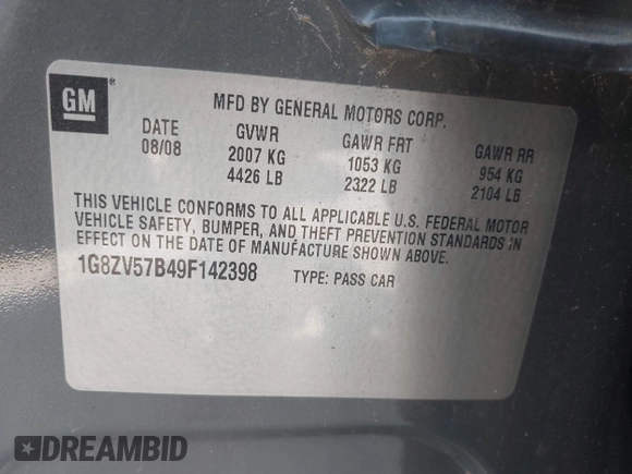 2009 Saturn Aura XR with VIN 1G8ZV57B49F142398, listed as a IAAI auction lot 42048221 with 126,961 mi miles and . Bid and sale history available at DreamBid. Image 9.