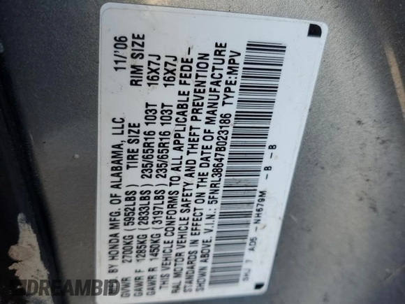 2007 Honda Odyssey EX-L with VIN 5FNRL38647B023186, listed as a Copart auction lot 87697035 with 190,884 mi miles and Salvage Title. Bid and sale history available at carsss.com. Image 13.