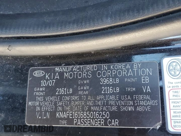 2008 Kia Spectra with VIN KNAFE161685016250, listed as a Copart auction lot 71382894 with 212,659 mi miles and Salvage Title. Bid and sale history available at carsss.com. Image 14.